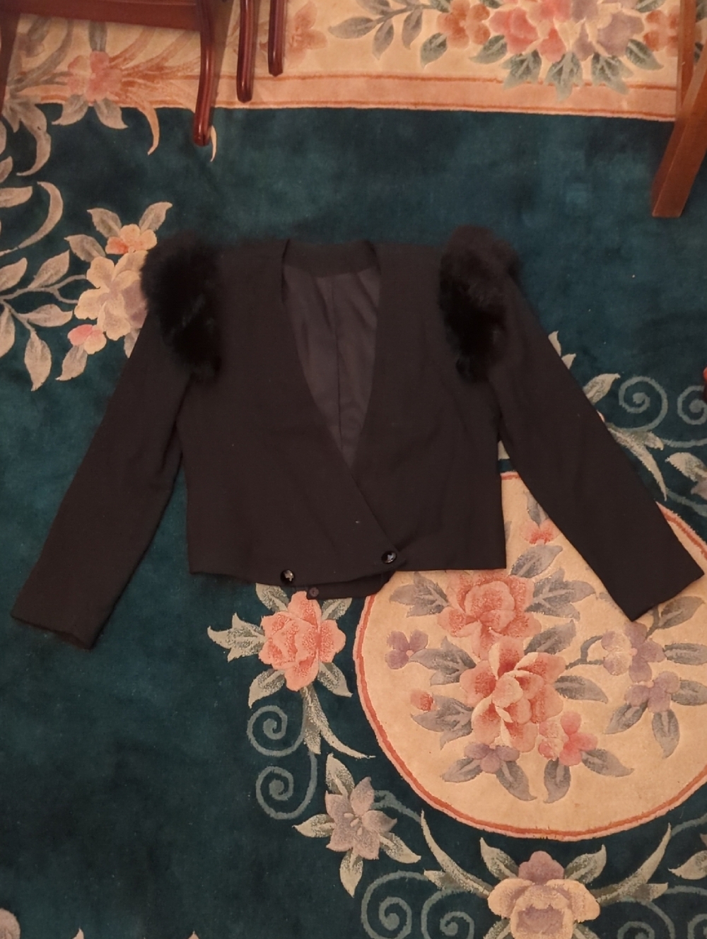 Vintage Black Wool Cropped Blazer Jacket with Fox Fur Shoulder Accents